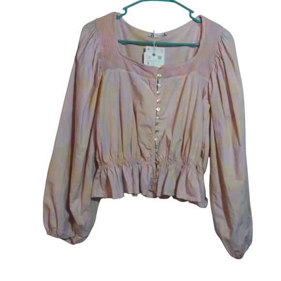 Zara Pink Tie Dye Puff Sleeve Button-Up Women's Blouse Crop Top Size Small - Picture 2 of 12
